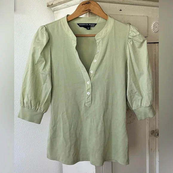 Veronica Beard Pale Green Puff Sleeve Henley Top - Picture 6 of 16